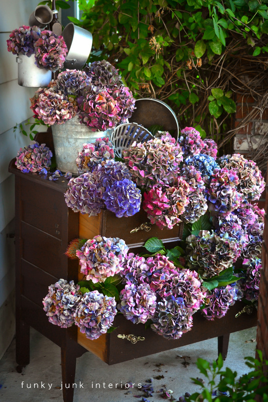 how to dry and create cool projects with hydrangeas, chalkboard paint, crafts, flowers, gardening, hydrangea, seasonal holiday decor, wreaths, You can also display them without the water IF the petals are dry enough beforehand Here s how I displayed hydrangeas in an old dresser
