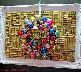 how to make a christmas ornament wreath, crafts, seasonal holiday decor, wreaths, Vintage Christmas ornament Wreath on large work board made from wine corks