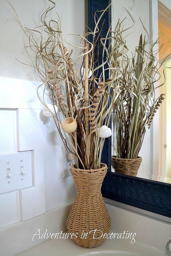 son s revamped bathroom, bathroom ideas, home decor, A textured vase full of decorative sticks and grasses makes for a good filler