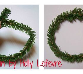 how to make mini wreath gift toppers, crafts, seasonal holiday decor, wreaths, Bring the two ends of the pine stem up to meet each other Twist them together once or twice leaving about 1 overhang Wrap the 1 pieces around the pine stem Shape into a circle with your hands