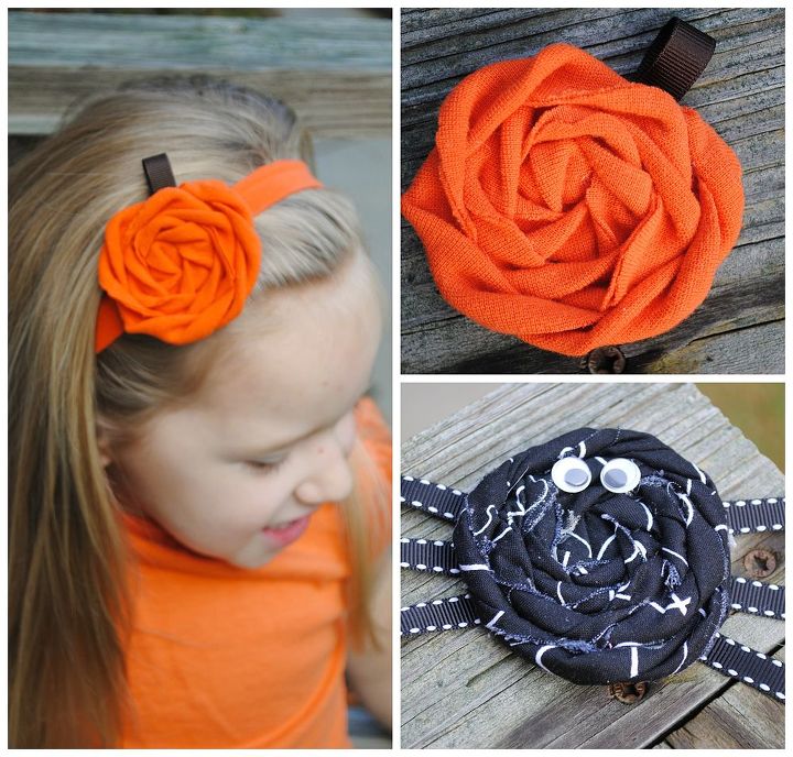 pumpkin rolled fabric rosette, crafts, I pinned it to a headband and also made one out of black fabric to make it look like a spider