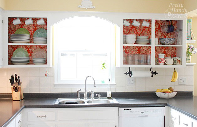 kitchen instant makeover on a dime, home decor, kitchen design, Opening the cabinets on both sides of the window gives some symmetry