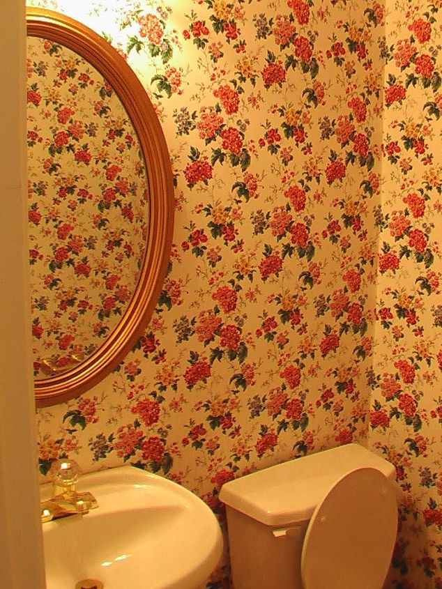 downstairs bath remodel, bathroom ideas, home improvement, The ugliest bathroom in the history of the world seriously who buys wallpaper like this