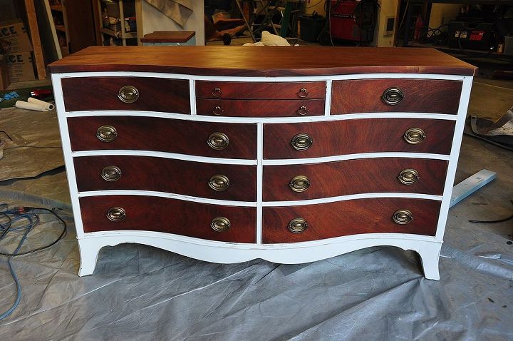 chic painted dresser redo, painted furniture, I love the patina on the hardware so I left them as is I also re stained the top and drawers to give it a richer browner color to tone down the red in the mahogany