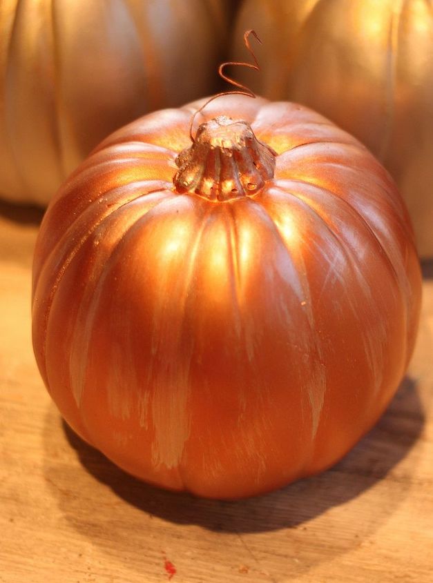 metallic faux pumpkins, crafts, painting, Use a sharp fine tool like a dowel or a sharp pencil to poke a hole in top of pumpkin to add the tendril Here is the Gold and Orange Version