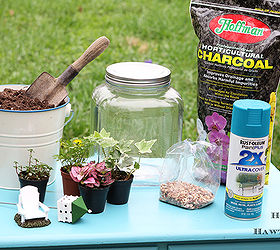 colorful terrarium tutorial, container gardening, crafts, gardening, terrarium, You ll need a container gravel or small stones charcoal potting soil some small plants and fun doodads to liven the place up