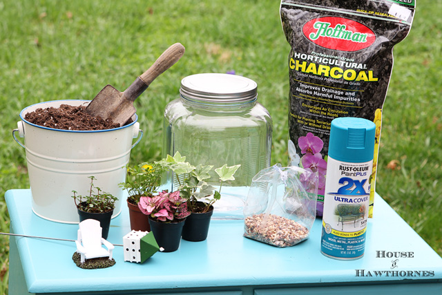 colorful terrarium tutorial, container gardening, crafts, gardening, terrarium, You ll need a container gravel or small stones charcoal potting soil some small plants and fun doodads to liven the place up