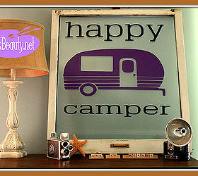 happy camper vintage window summer decor vinyl sign, crafts, repurposing upcycling, windows