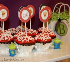 how to easy inexpensive toy story themed kids party, crafts, I even made the cupcakes to match the theme of the party I topped each cupcake with cheese and pepperoni white frosting and red candy sprinkles to look like pizzas and printed cupcake toppers from Tom Kat Studio on Etsy
