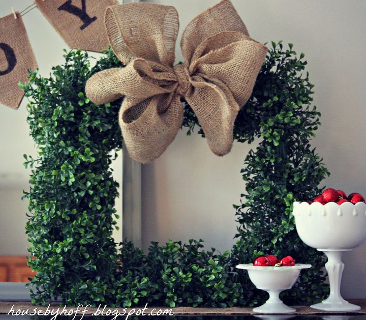 diy square boxwood wreath with burlap bow, home decor, wreaths