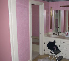 before and after pictures are always fun what will the neighbors think is there, bathroom ideas, home decor, This is what it looks like when I start a bathroom renovation What can one do with the pepto bismal wall paper What should vanity look like Will it fit in the space What kind of choices would you make