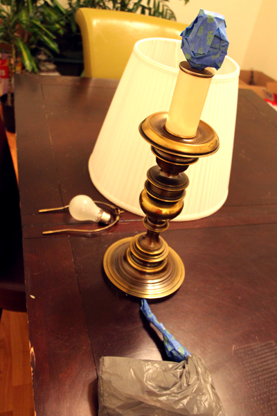 lamp makeover how to spray paint a brass lamp, Removed all the main pieces and taped it up