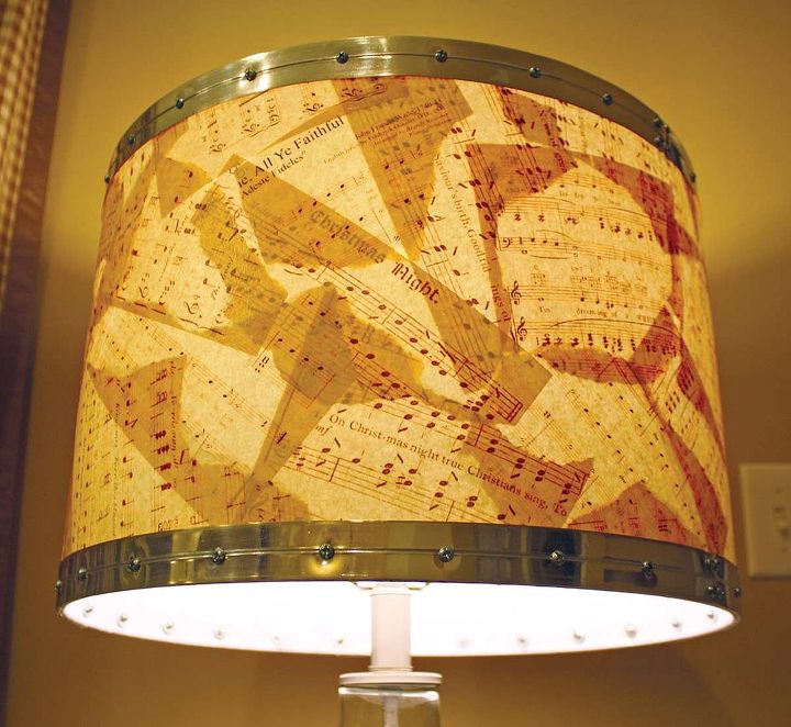 hometalk com lampsplus com holiday lamp challenge, lighting, repurposing upcycling, seasonal holiday decor, Here s the great pattern the light gives the decoupaged sheet music