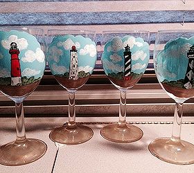 thrift store wineglasses hand painted lighthouse, crafts
