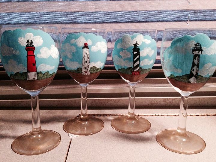 thrift store wineglasses hand painted lighthouse, crafts