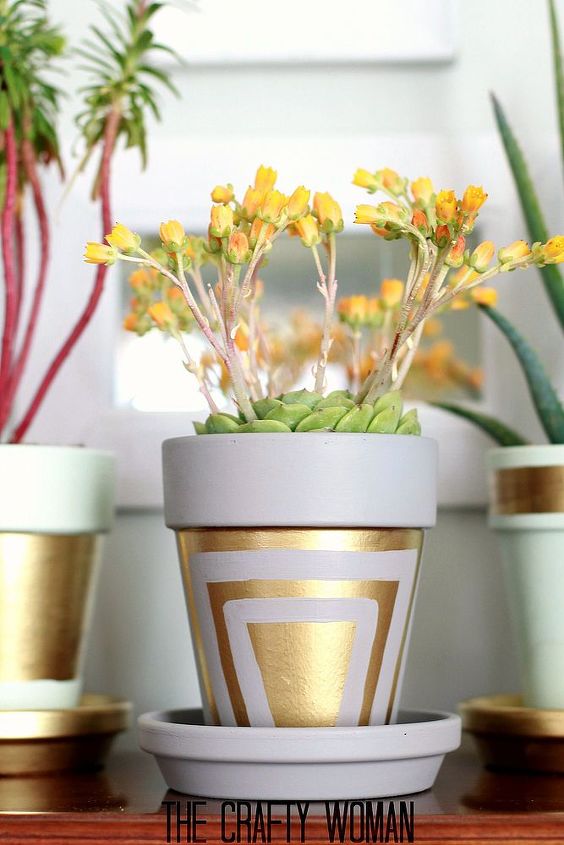 terra cotta pots with gold leafing, crafts, gardening, home decor, painting, succulents, Liquid leafing applied freehand with a brush gives a glamorous look