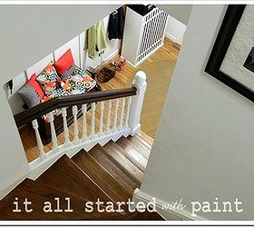 refinishing the entry staircase, stairs, Refinished staircase with dark stain and white risers