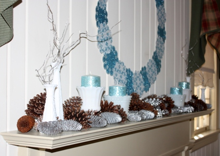 january mantel ice blue white and silver with glitter, seasonal holiday d cor, wreaths, Milk glass vases hold glittered candles and silver twigs