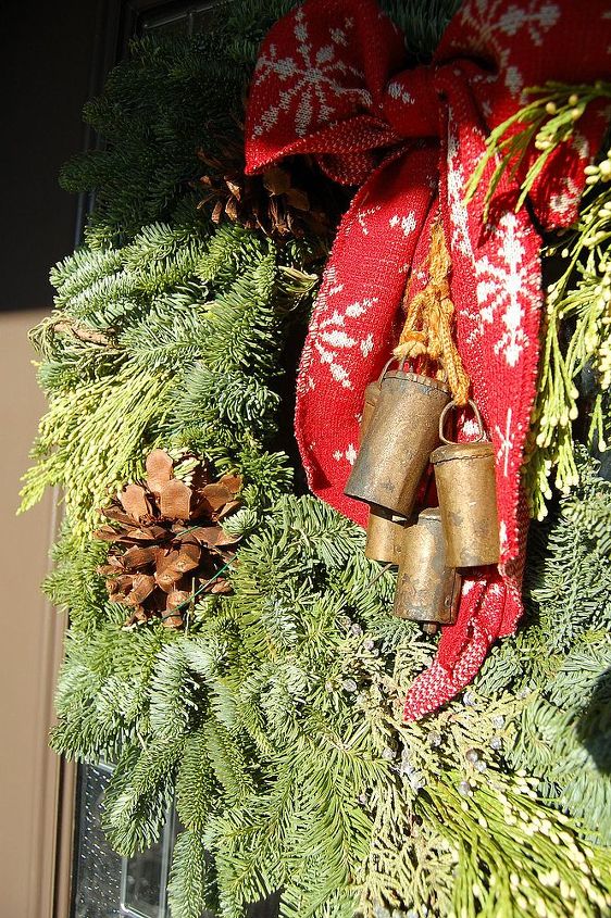 antique christmas decor, christmas decorations, repurposing upcycling, seasonal holiday decor, wreaths, Antique bells used in wreath for front door