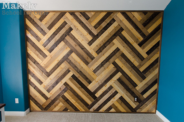 diy herringbone wood paneled wall, wall decor, woodworking projects, Straight on shot of the wall