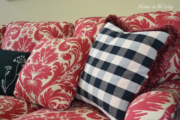 living room home tour, home decor, living room ideas, painted furniture, My sofa is a red damask print with black and cream buffalo check pillows The buffalo check pillows have red trim