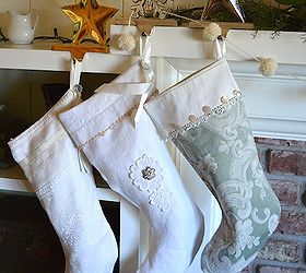 green white christmas decorations, seasonal holiday d cor, wreaths, Stockings made from vintage fabrics and trim