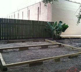 backyard deck in new orleans, Frame 6x4 inch posts to raise deck off the ground 4x4 inch 16 foot framing beams Cut ends at 45 degree angle to set square frame