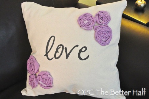 pillow talk, crafts, diy, how to, Made 6 fabric rosettes http www oneprojectcloser com make fabric flowers tutorial and then cut my own stencil with a stencil cutter and sponge painted on the letters