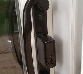 sliding glass door hardware update your style for under 23, doors, We re super pleased with the updated style of our sliding glass door hardware and we saved over 100 with this project