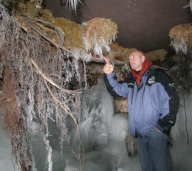 explore an icy waterfall and grotto in st charles illinois, ponds water features, Ed Beaulieu points out ice needles inside the grotto