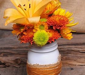 budget friendly fall decor, crafts, mason jars, outdoor living, seasonal holiday decor, wreaths, Everyone has mason jars burlap and spray paint laying around now a days Might as well combine them with the colorful flowers in the garden for fall inspired centerpieces when guests are coming by