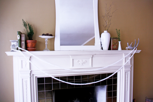 nature inspired mantle display, fireplaces mantels, home decor, The finger knitted garland adds a bit of fun to the display