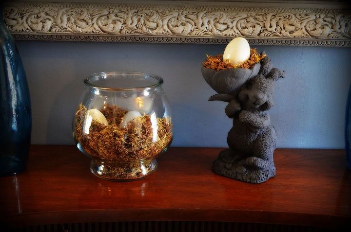 transform a weathered resin bird feeder to a stylish easter egg holder, chalk paint, crafts, easter decorations, repurposing upcycling, seasonal holiday decor, Weathered resin bird feeder to a stylish Easter Egg Holder using Chalked Paint and moss