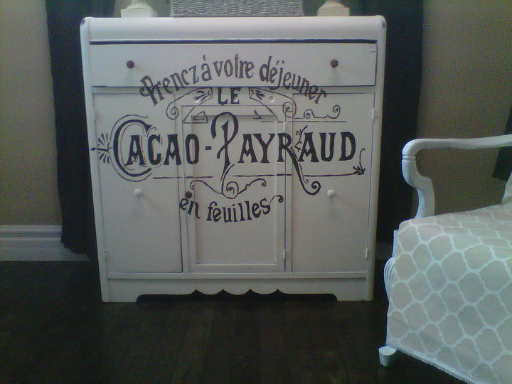 thrift store solid birch cabinet to white frenchified, chalk paint, painted furniture, and hand painted a graphic from The Graphics Fairy