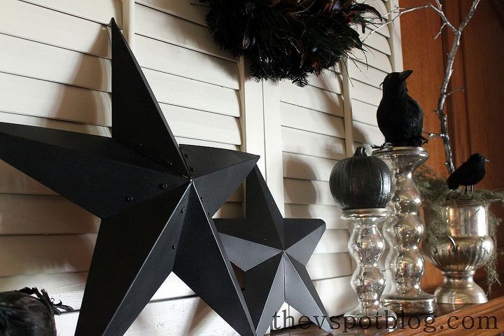 a simple black white halloween mantel, halloween decorations, seasonal holiday d cor, Barn stars sprayed black