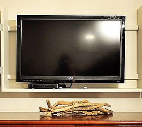 diy flat screen tv cabinet, diy, doors, kitchen cabinets, woodworking projects, Open to reveal tv