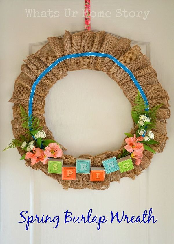 spring burlap wreath, crafts, seasonal holiday decor, wreaths, Pleated Spring Wreath using flowers greenery ribbon and Alphabet books that my kids used to use when they were small