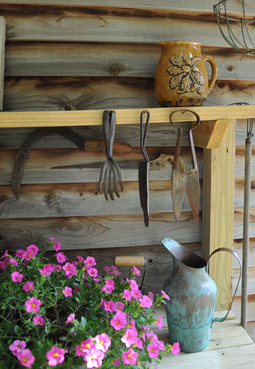 garden bench, gardening, outdoor living, vintage tools and Oak pitcher found antiquing