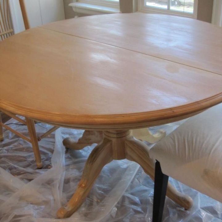 diy arhaus inspired weathered table, painted furniture, rustic furniture, Before Ethan Allen classic pedestal table with light beige finish