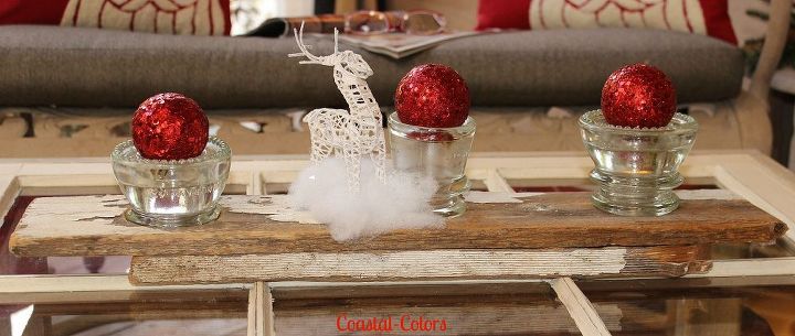 a vintage christmas on the porch, christmas decorations, outdoor living, repurposing upcycling, seasonal holiday decor, A vintage piece of trim wood has been drilled out to hold electrical conductors with tea lights and ornaments
