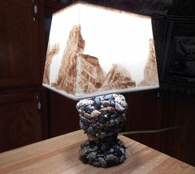 my lake superior rock collection, crafts, home decor, pallet, repurposing upcycling, Another rescue project this plain ceramic lamp was given a coat of L S Rocks and gloss then the shade which was slightly dmgd on inside was given face lift with L S sand Depicting dunes and cliffs it is 14 X10 X7 sold