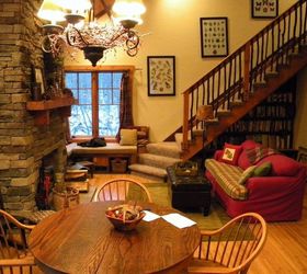 cozy cabin in the woods retreat and fallingwater, home decor, The open dining and living room with stairs up to the loft