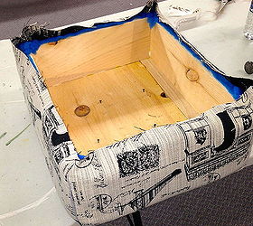 learning how to make a tufted ottoman, diy, painted furniture, woodworking projects, Then we covered the box with our own fabric I chose this black and cream travel theme