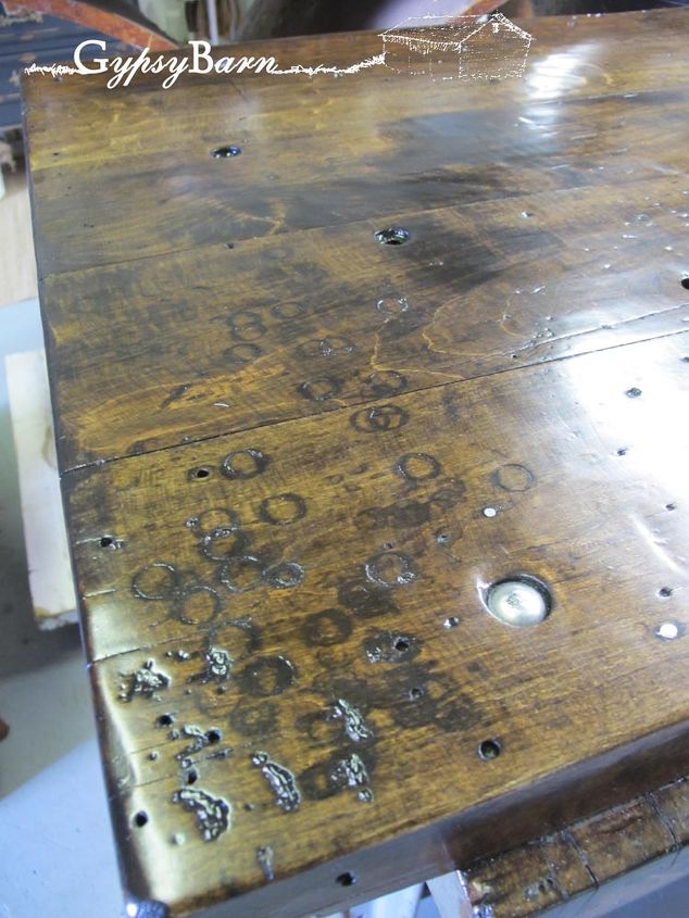 mechanics table to kitchen island, diy, how to, painted furniture, woodworking projects, A closeup showing some of the left behind work marks There are so many we often sit and try and guess what the original owner was trying to do