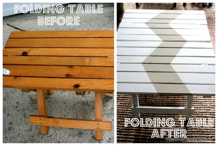 folding tables get a fresh makeover with painted chevron stripe, home decor, painted furniture, The before and after knotty honey colored finish just didn t go with our room
