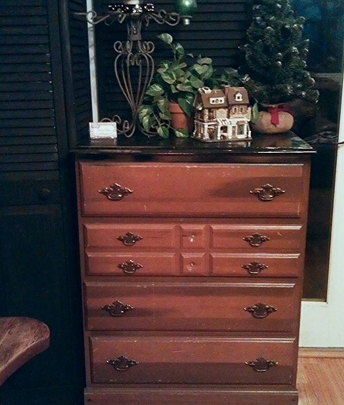 steamer trunk inspired curbside chest of drawers makeover, Before This chest had a spray painted top and tons of scratches It wasn t too bad to look at but it felt very dated and tired looking