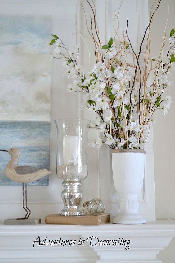 our 2013 coastal mantel, home decor, I also added manzanita branches to our vases
