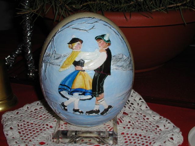 ostrich egg carvings, home decor, Ice Dancing Bavarian Style