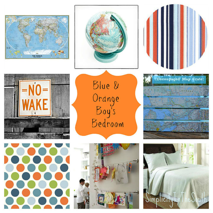 more mod podge maps and a moodboard decoupaged map clock and a design board for, crafts, decoupage, home decor, Design board for a blue and orange boy s room
