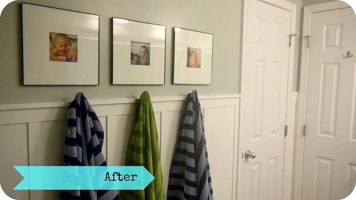 187 boys bathroom makeover, bathroom ideas, home decor, woodworking projects, Towel hooks instead of a towel bar so much better with kids